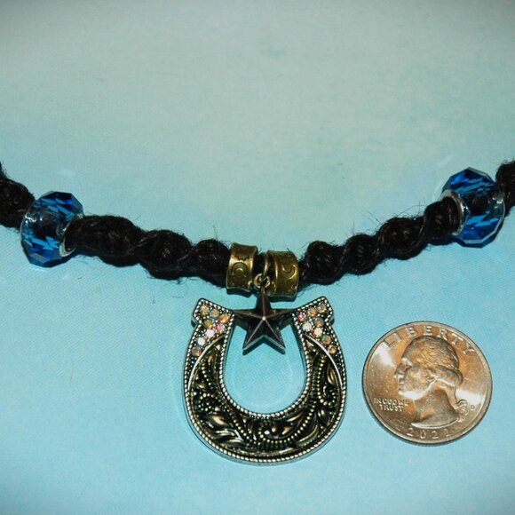 Gold-Toned Antiqued Rhinestone Horseshoe on a Handmade Black 20 1/4" Hemp Chain - Picture 3 of 6